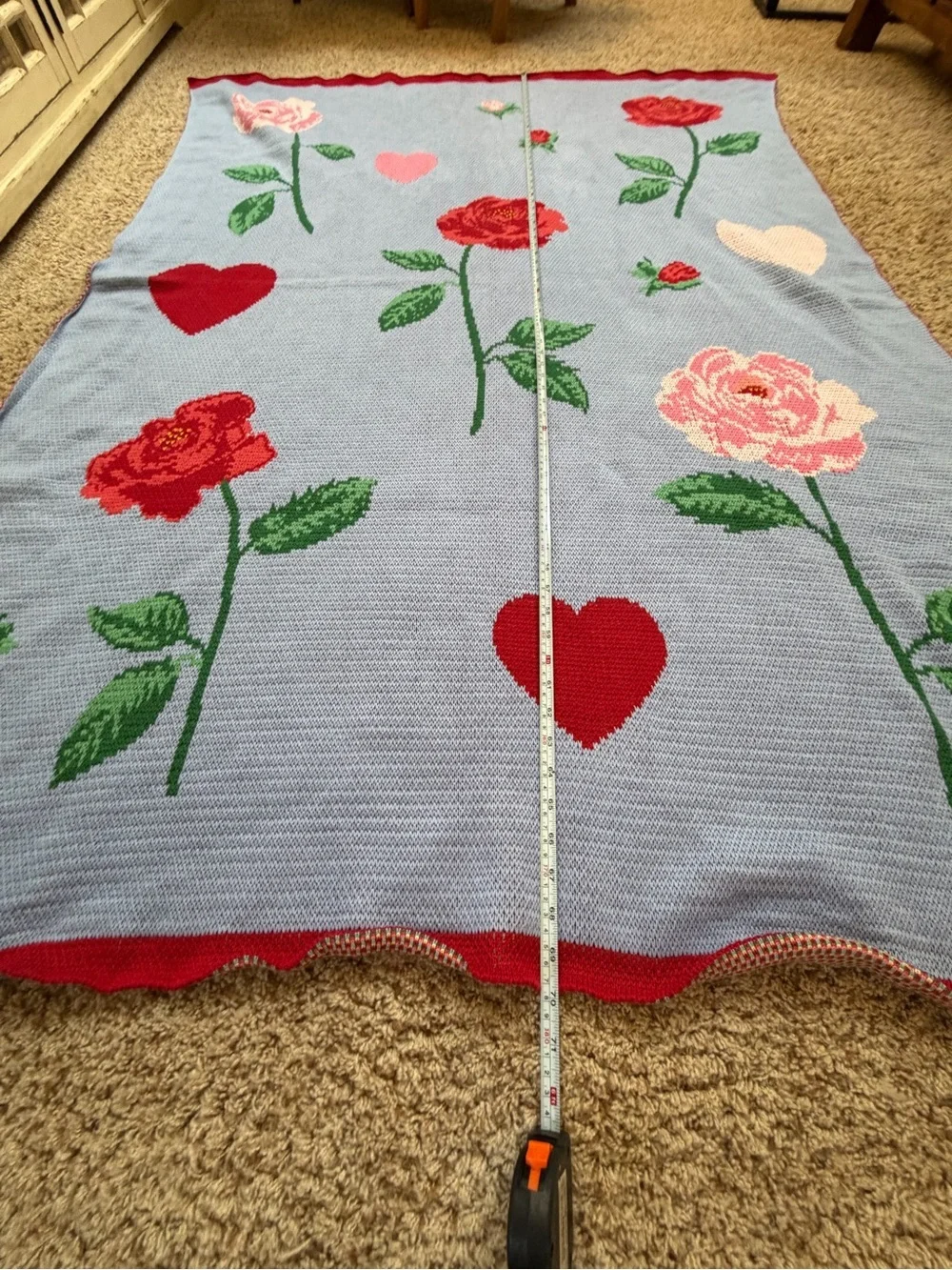 Anthropologie cotton sweater knit throw blanket blue Red Hearts Pink Roses
